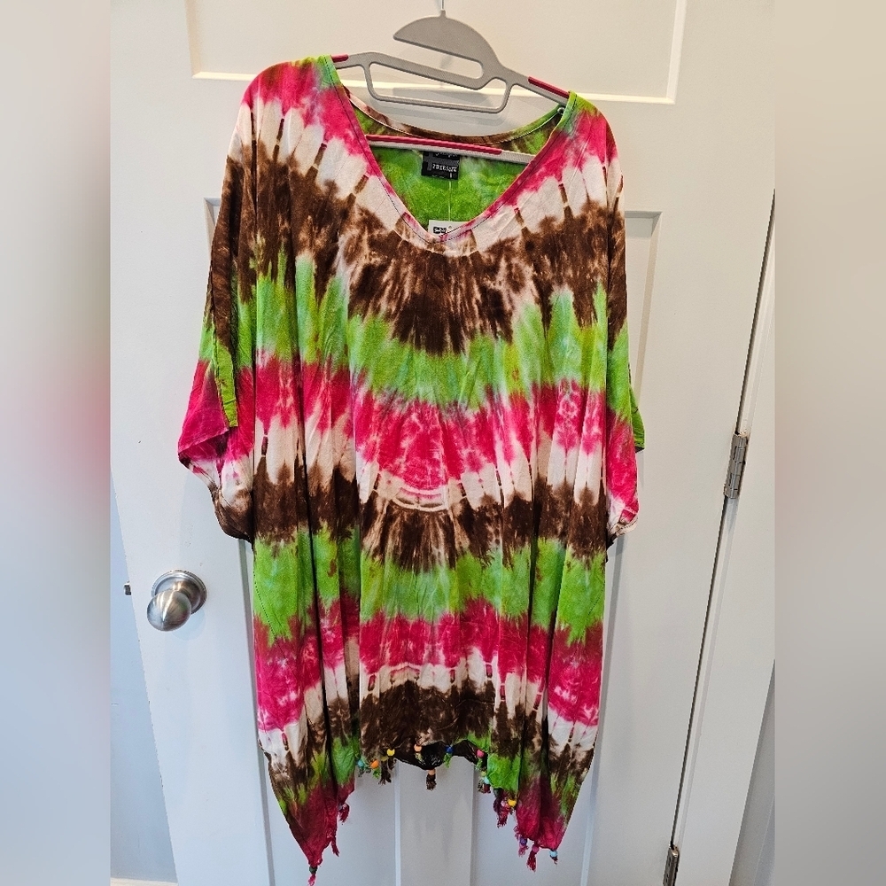 Jackpot Tie Dye Kaftan Tunic Free Size Rayon Tassel Bead Hem Festival Boho Top